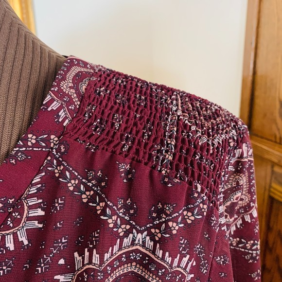 MAURICE'S Burgundy Print Boho Top - L/S Semi Sheer Shoulder Smocking V-Neck XL - Picture 4 of 11